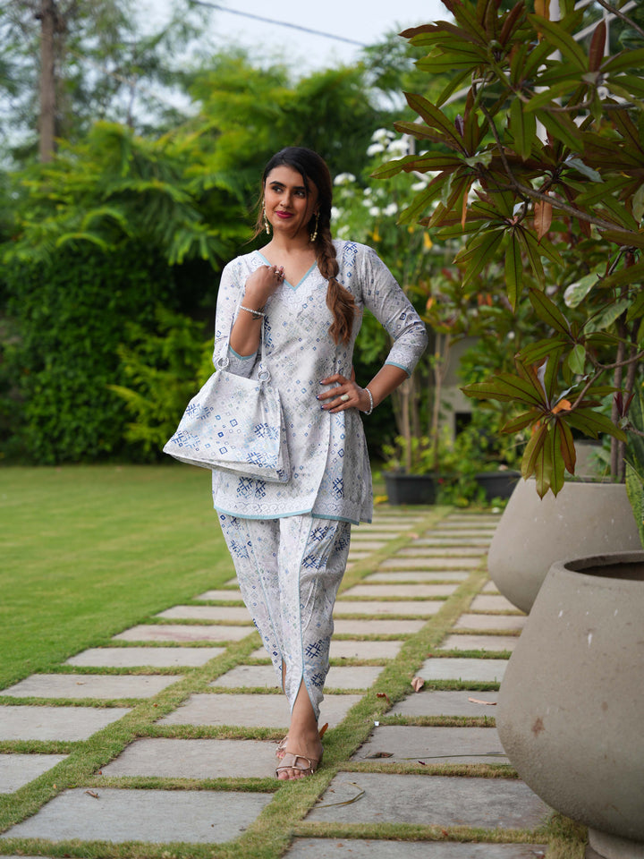 White & Blue Printed Cotton Ethnic Suit Set with Matching Handbag