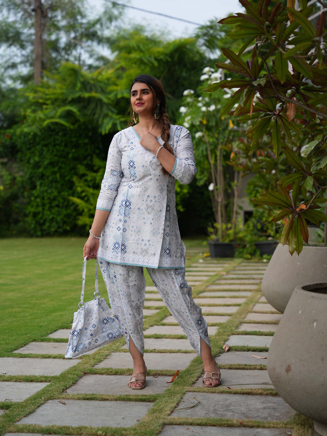 White & Blue Printed Cotton Ethnic Suit Set with Matching Handbag