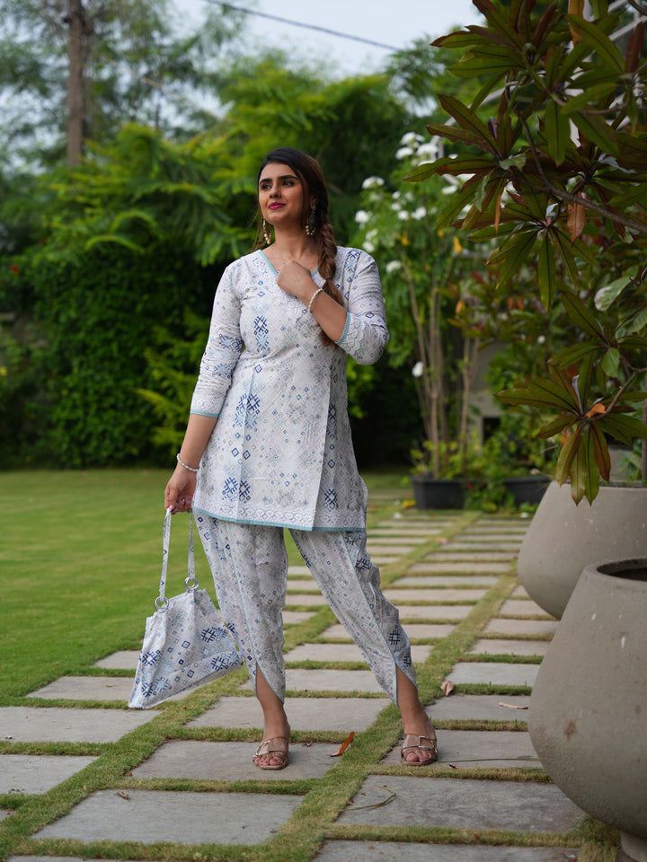 White & Blue Printed Cotton Ethnic Suit Set with Matching Handbag