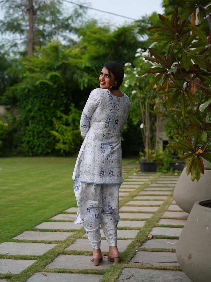 White & Blue Printed Cotton Ethnic Suit Set with Matching Handbag