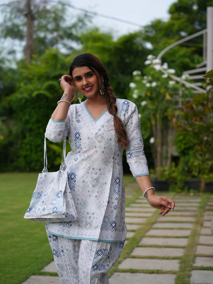 White & Blue Printed Cotton Ethnic Suit Set with Matching Handbag