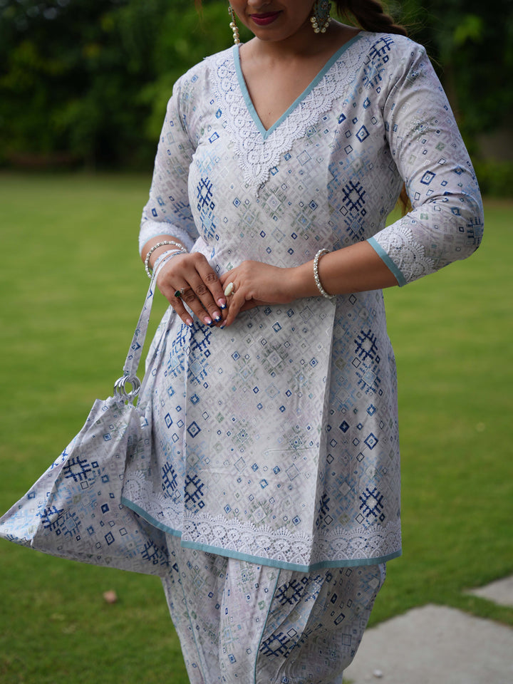 White & Blue Printed Cotton Ethnic Suit Set with Matching Handbag