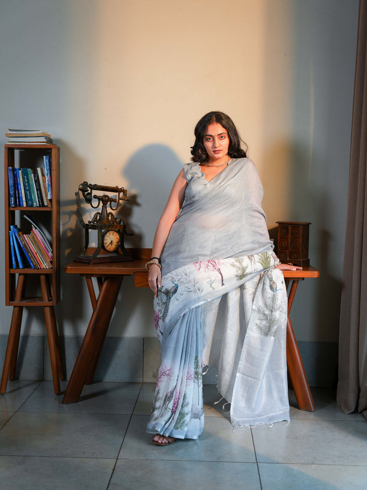 Soft Grey Linen Blend Saree with Artistic Peacock Digital Print Unstitched Blouse