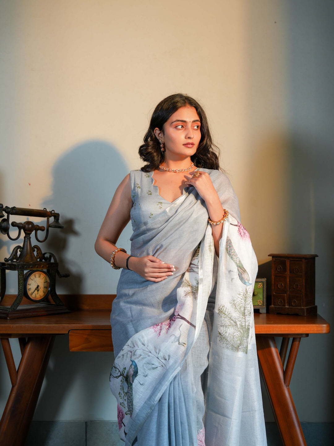 Soft Grey Linen Blend Saree with Artistic Peacock Digital Print Unstitched Blouse