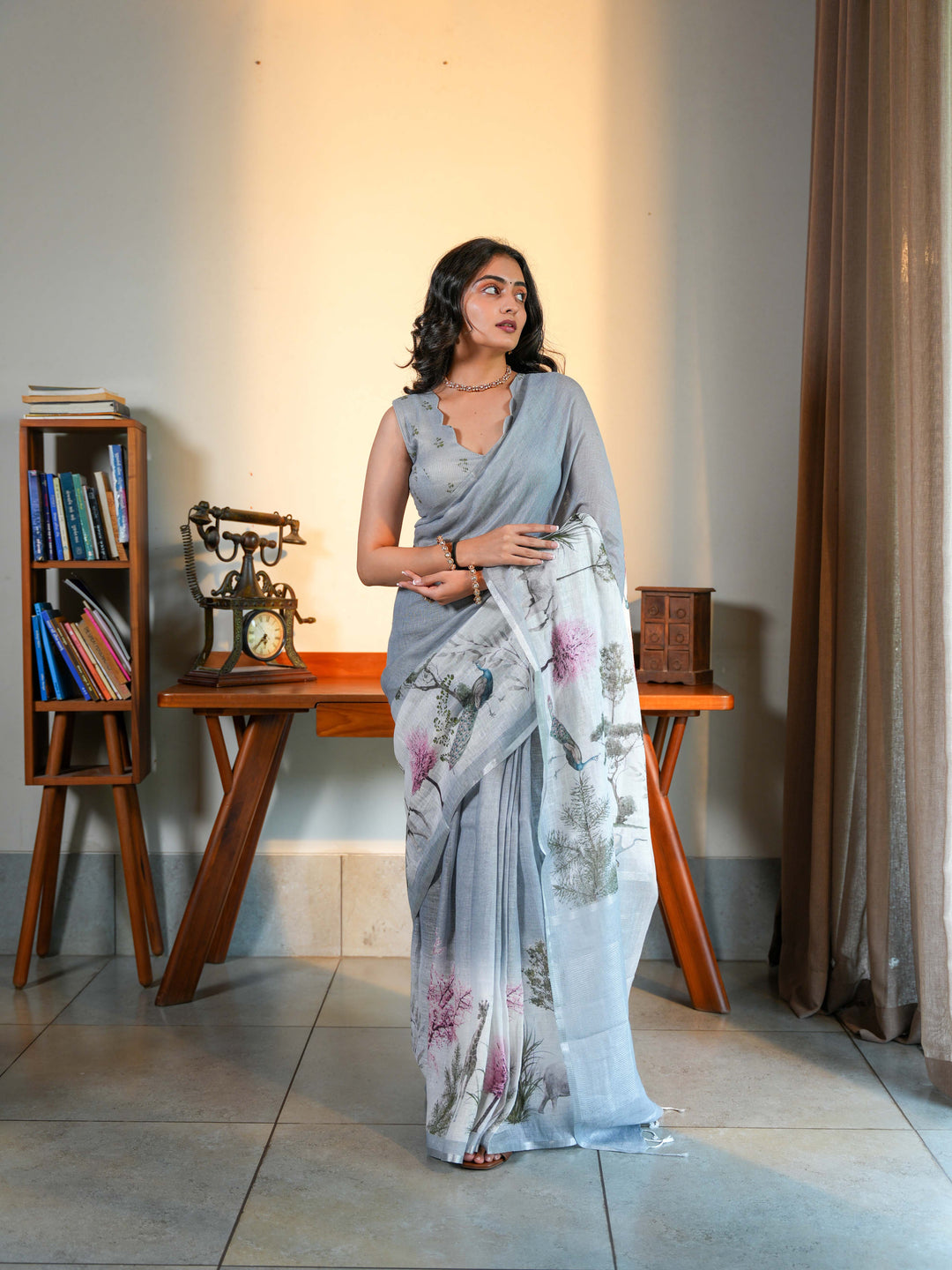 Soft Grey Linen Blend Saree with Artistic Peacock Digital Print Unstitched Blouse