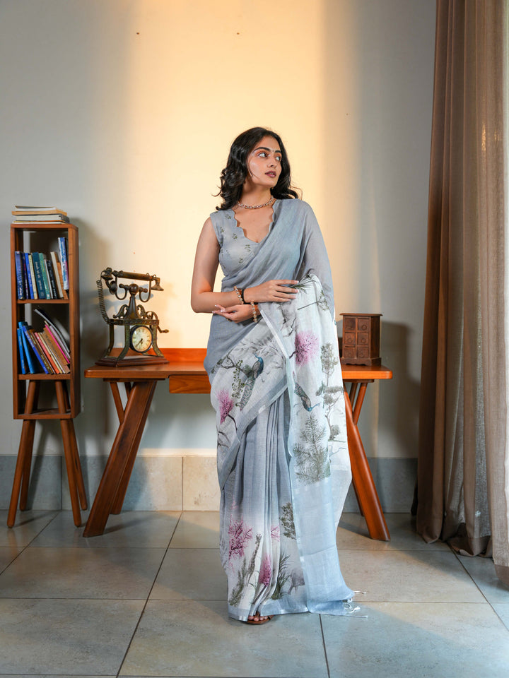 Soft Grey Linen Blend Saree with Artistic Peacock Digital Print Unstitched Blouse
