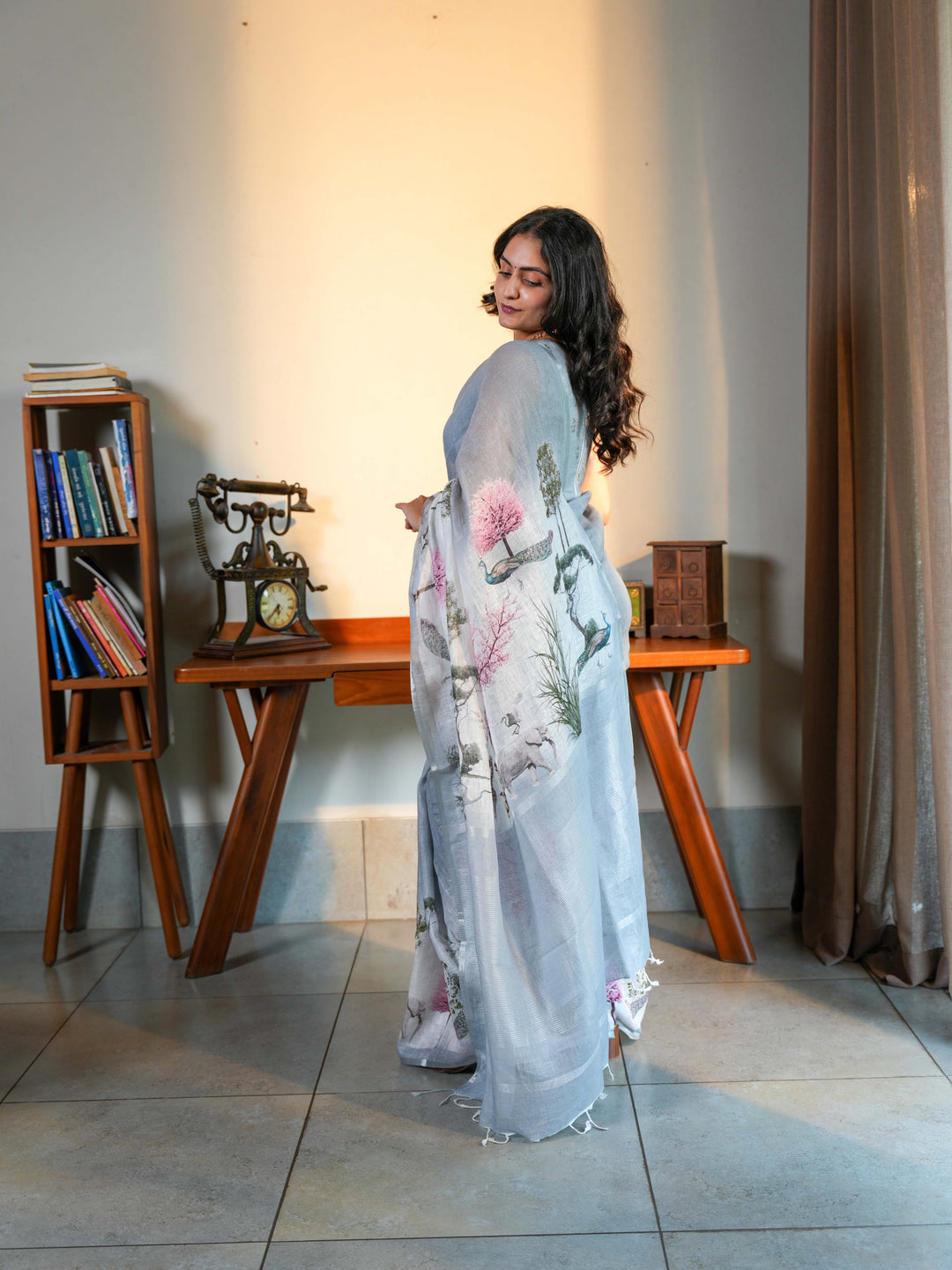 Soft Grey Linen Blend Saree with Artistic Peacock Digital Print Unstitched Blouse