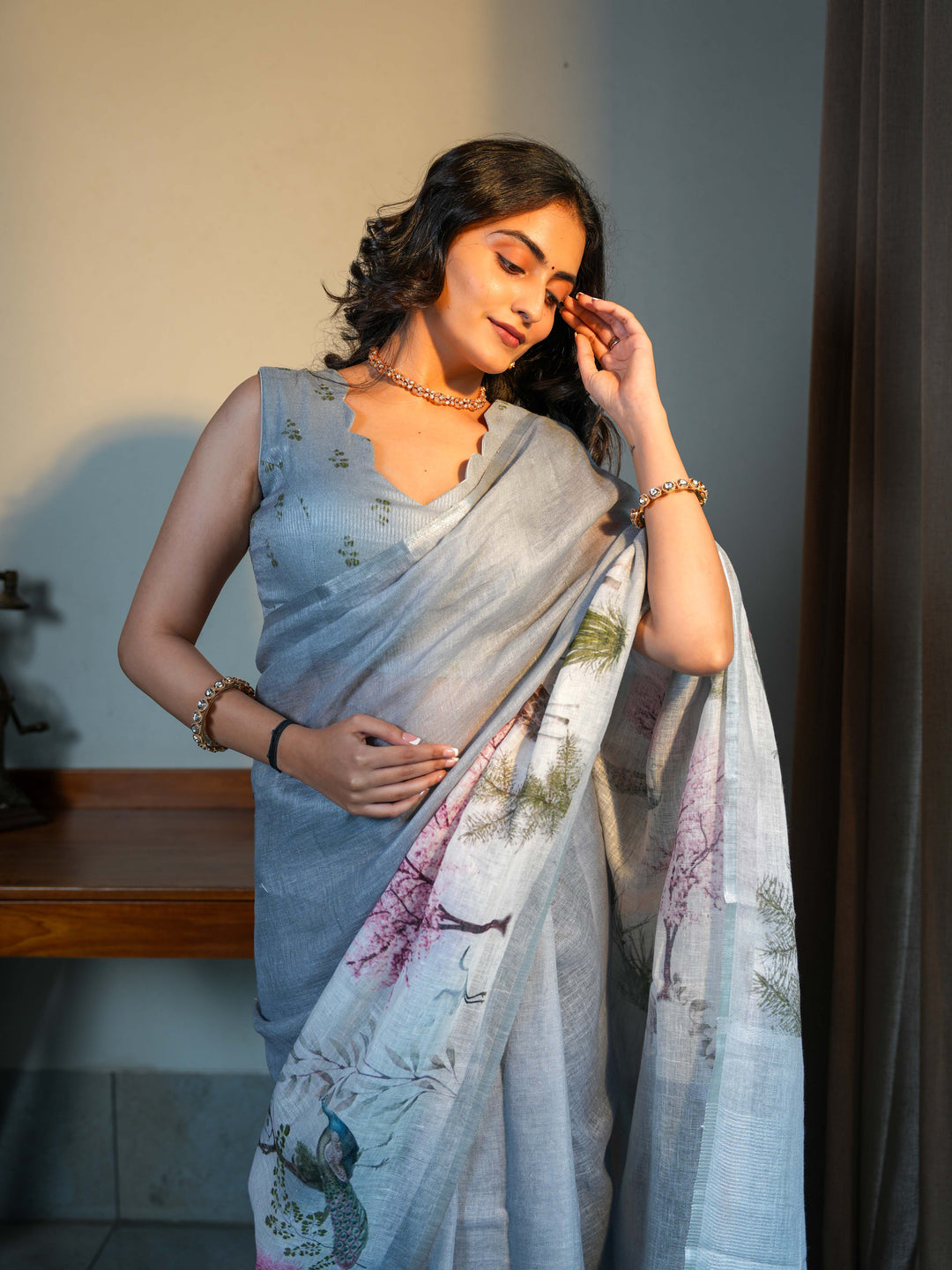 Soft Grey Linen Blend Saree with Artistic Peacock Digital Print Unstitched Blouse