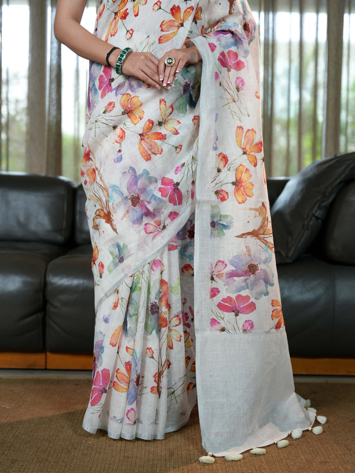 Elegant White Linen Saree with Vibrant Floral Watercolor Print Unstitched Blouse