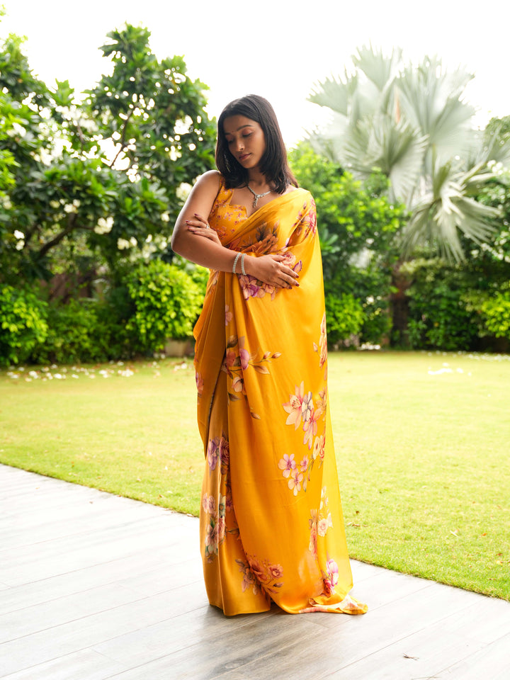 Golden Mustard Pure Satin Silk Saree with Romantic Rose Floral Digital Print – Unstitched Blouse