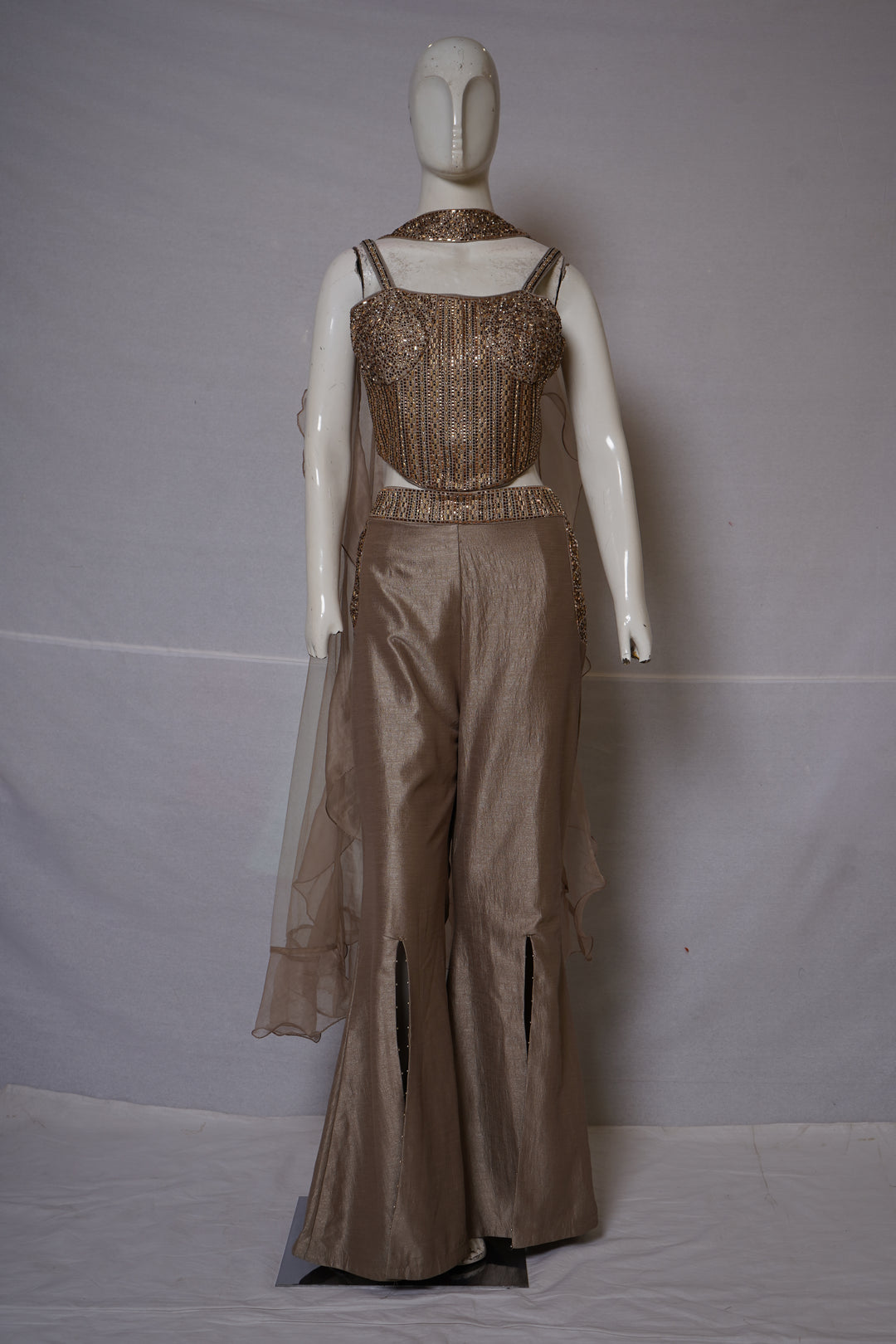Champagne Gold Embellished Co-Ord Set with Cape Dupatta