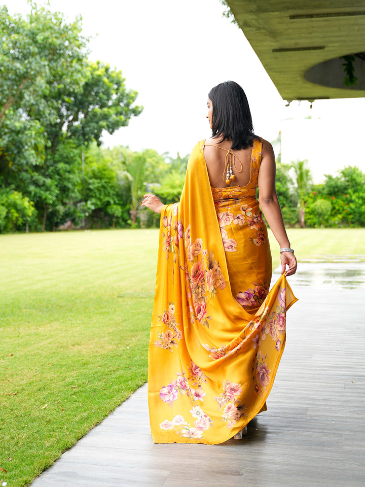 Golden Mustard Pure Satin Silk Saree with Romantic Rose Floral Digital Print – Unstitched Blouse