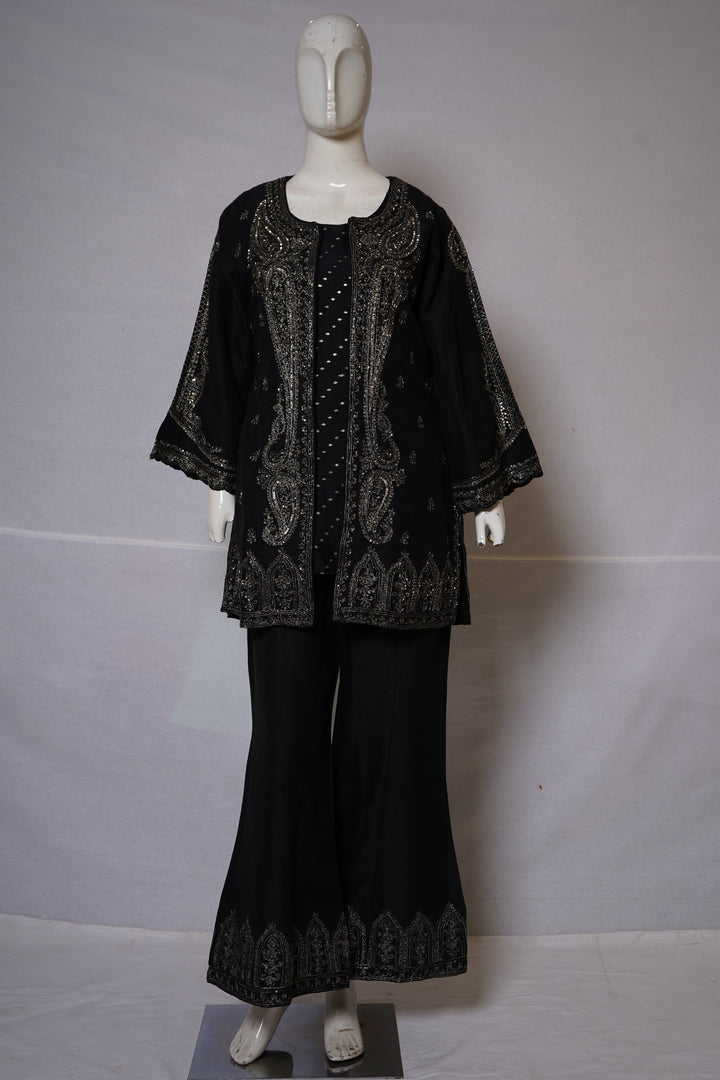 Midnight Black Embroidered Co-Ord Set with Jacket