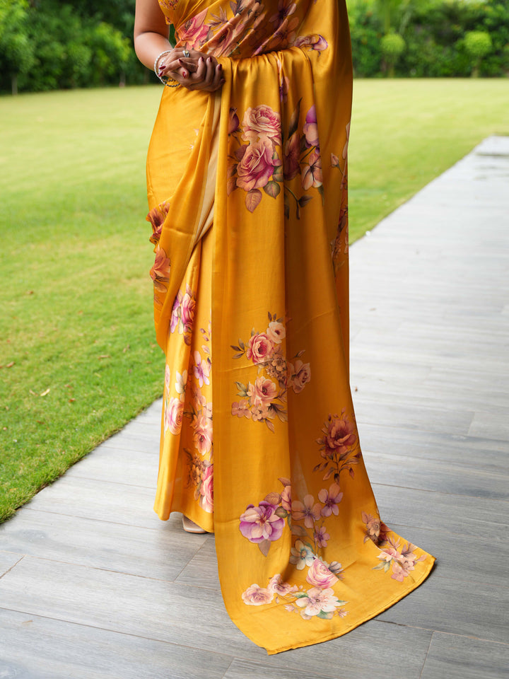 Golden Mustard Pure Satin Silk Saree with Romantic Rose Floral Digital Print – Unstitched Blouse