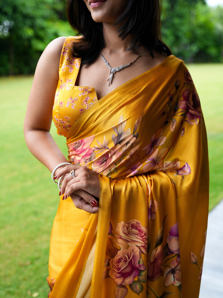 Golden Mustard Pure Satin Silk Saree with Romantic Rose Floral Digital Print – Unstitched Blouse