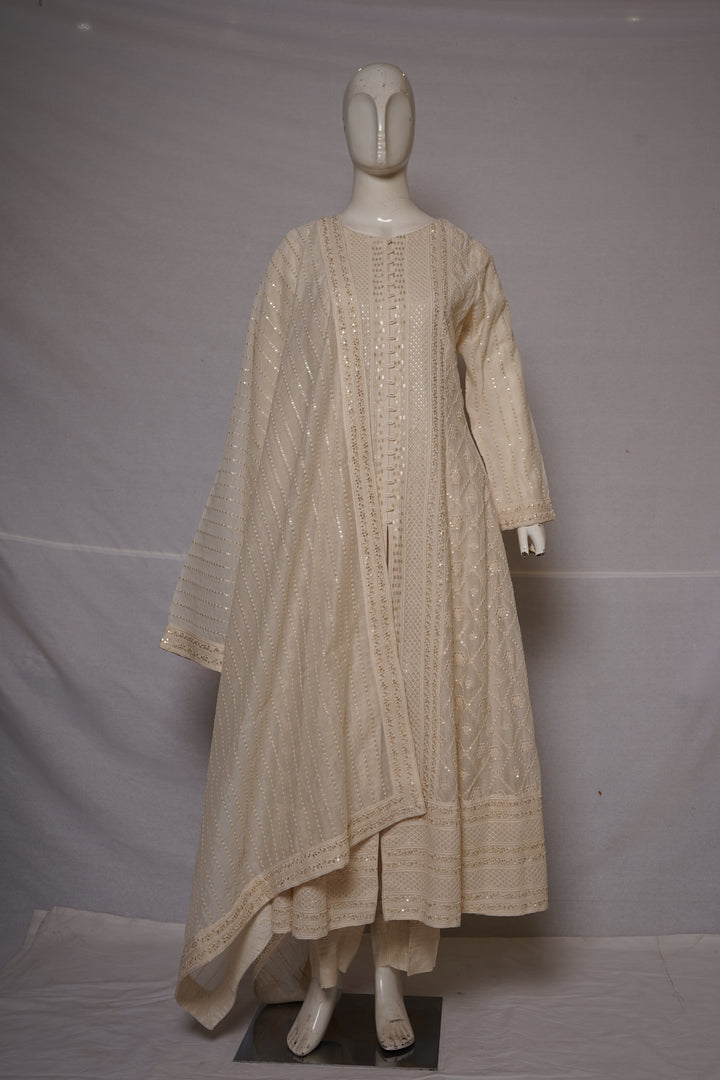 Ivory White Embroidered Straight Kurta Set with Dupatta