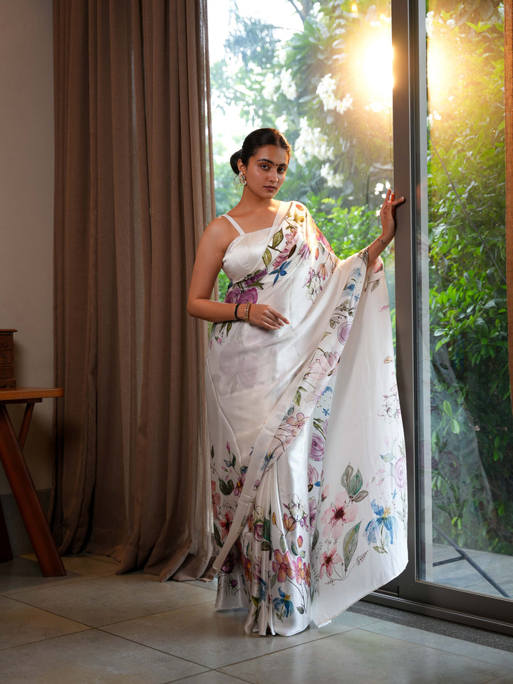 Ivory White Pure Satin Silk Saree with Hand-Painted Style Digital Print Unstitched Blouse