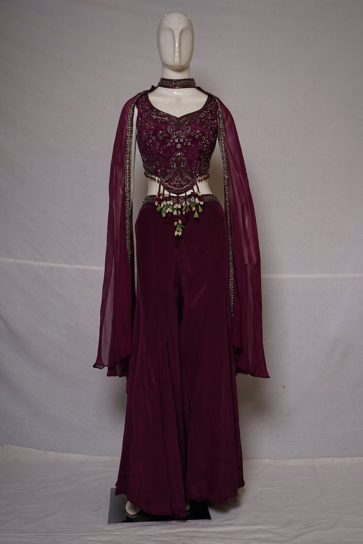Wine Purple Embroidered Cape Co-Ord Set