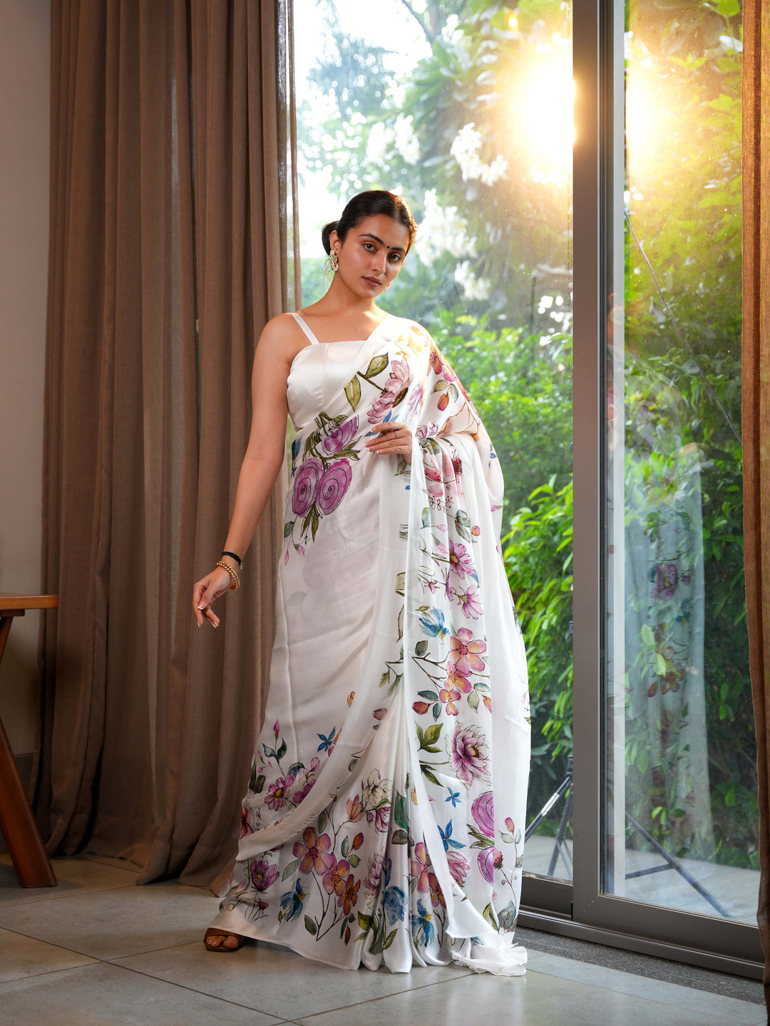 Ivory White Pure Satin Silk Saree with Hand-Painted Style Digital Print Unstitched Blouse