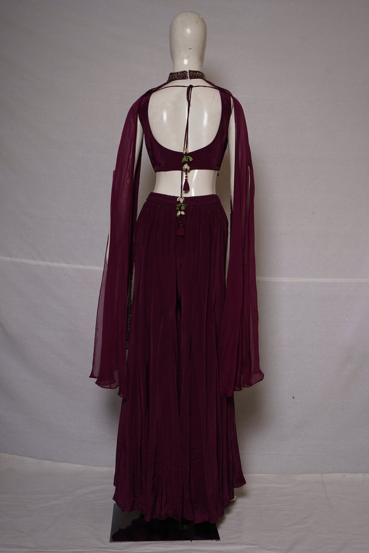 Wine Purple Embroidered Cape Co-Ord Set