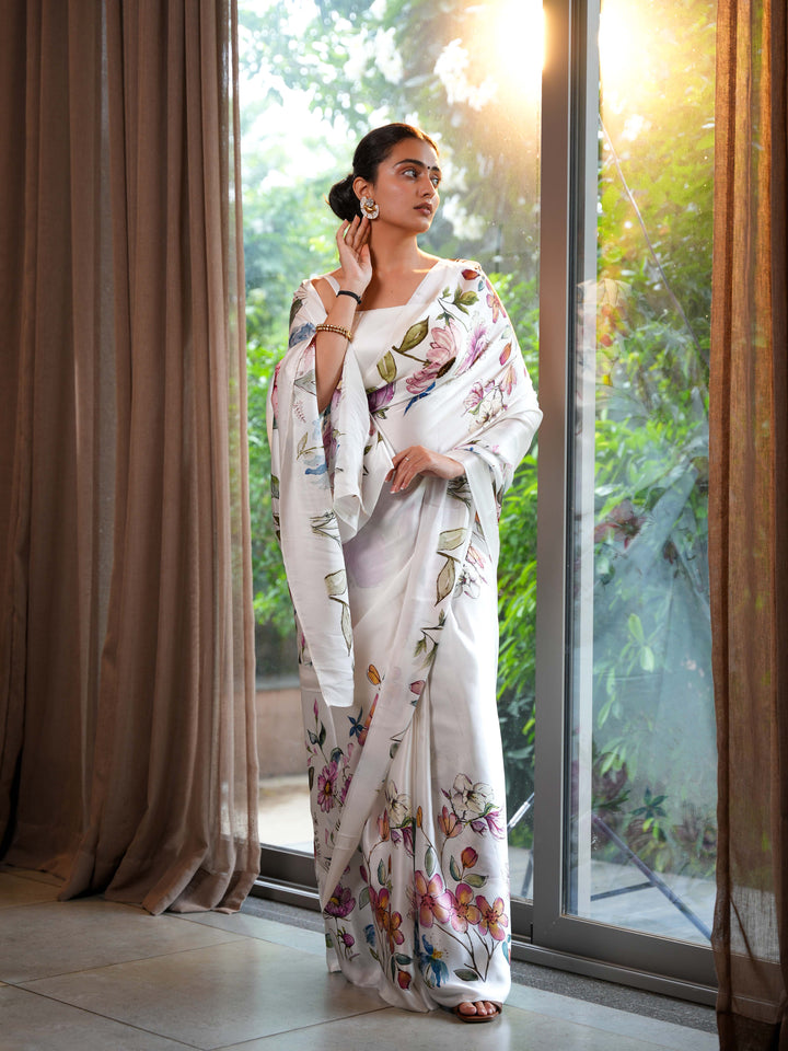 Ivory White Pure Satin Silk Saree with Hand-Painted Style Digital Print Unstitched Blouse