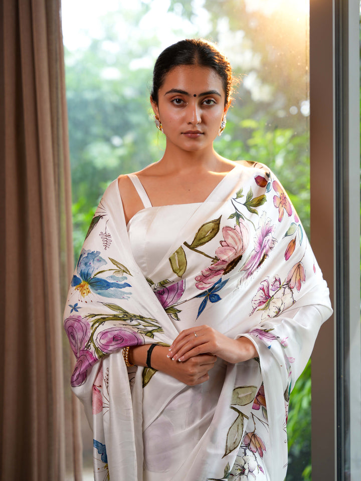 Ivory White Pure Satin Silk Saree with Hand-Painted Style Digital Print Unstitched Blouse