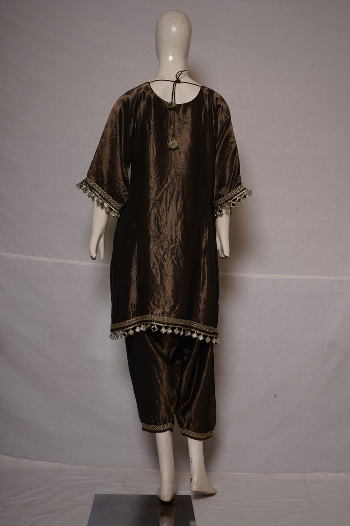 Chocolate Brown Embellished Kurta Set with Dhoti Pants