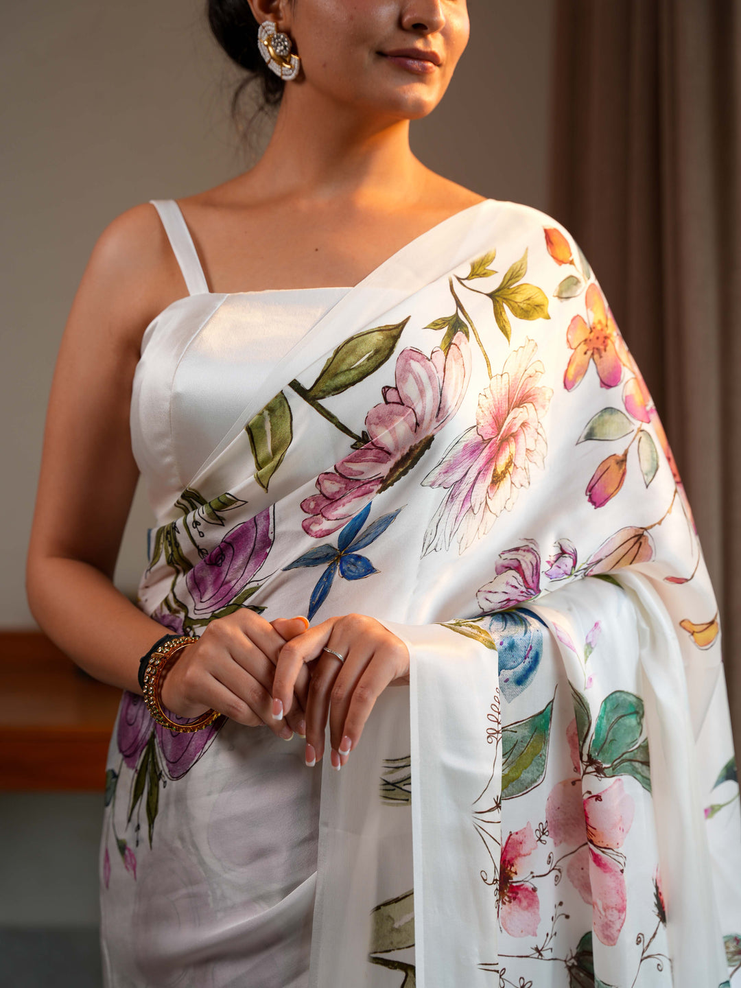 Ivory White Pure Satin Silk Saree with Hand-Painted Style Digital Print Unstitched Blouse