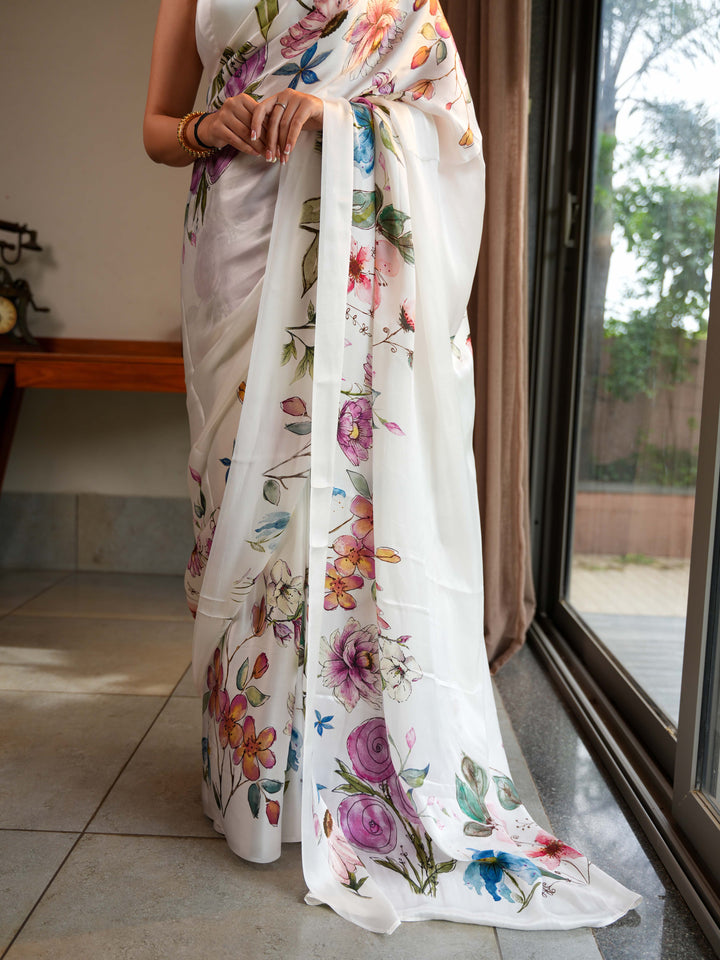 Ivory White Pure Satin Silk Saree with Hand-Painted Style Digital Print Unstitched Blouse