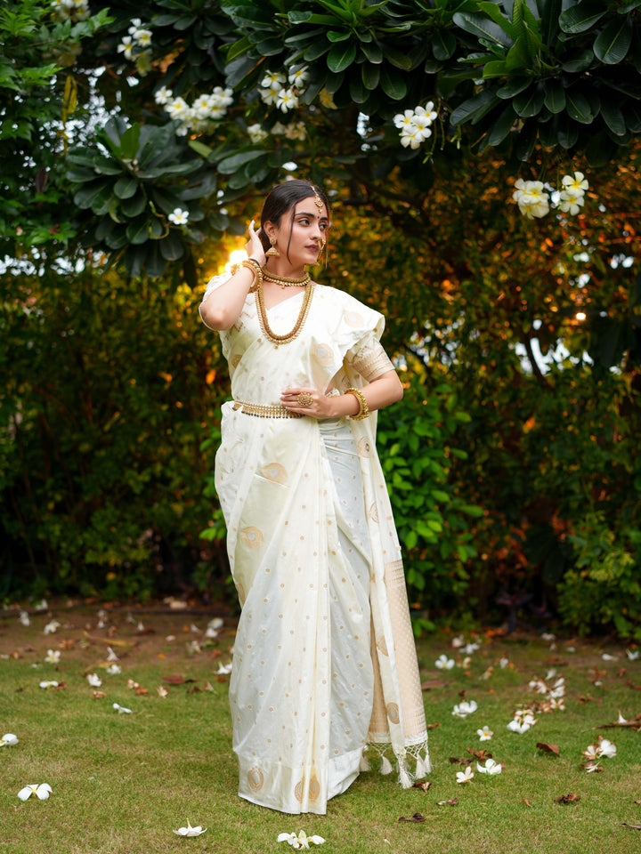 Elegant Off-White Soft Silk Saree Golden Zari with Unstitched Blouse