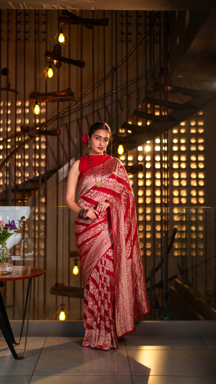 Regal Red Khaddi Georgette Banarasi Saree Silver Zari Weaving with Unstitched Blouse