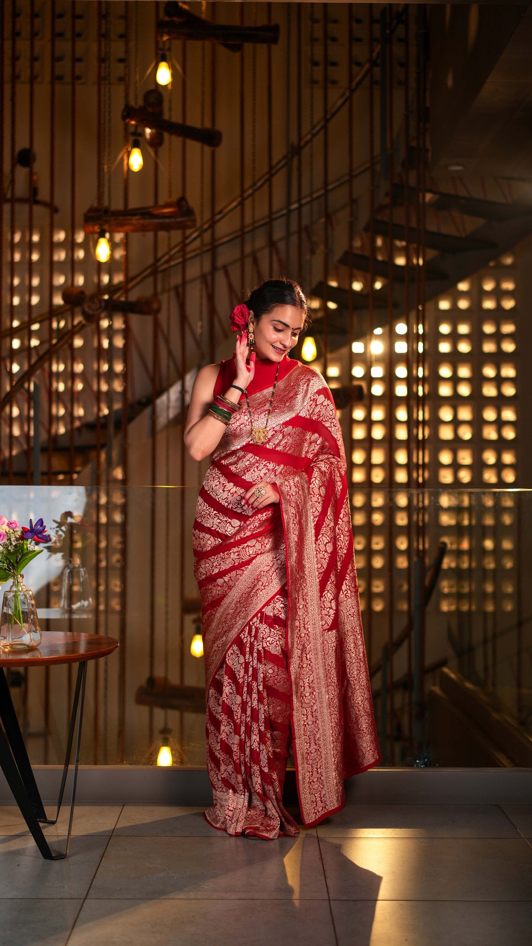 Regal Red Khaddi Georgette Banarasi Saree Silver Zari Weaving with Unstitched Blouse