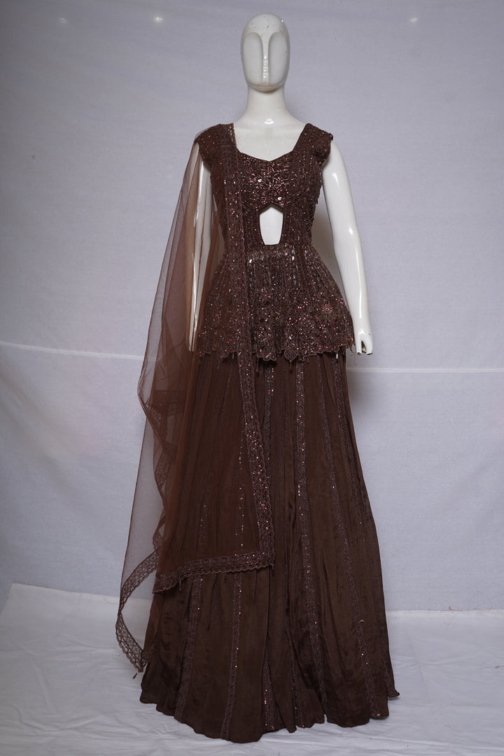 Chocolate Brown Embellished Peplum Lehenga Set with Sheer Dupatta