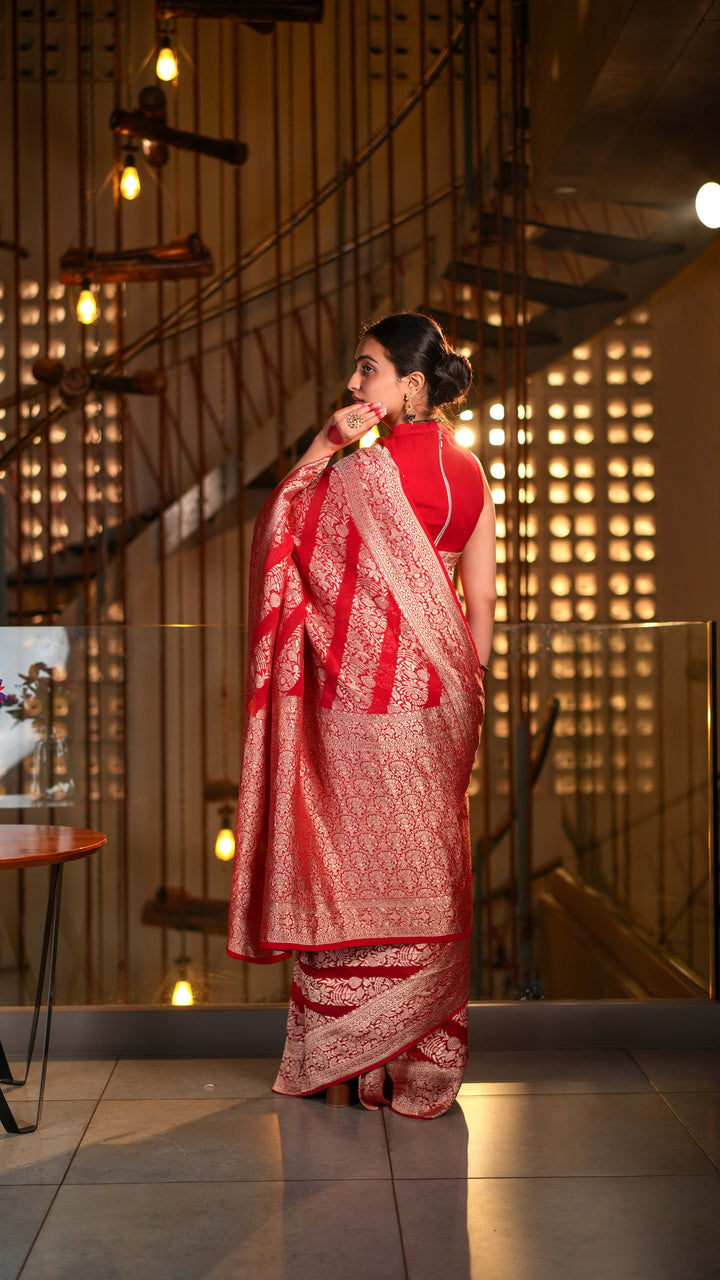 Regal Red Khaddi Georgette Banarasi Saree Silver Zari Weaving with Unstitched Blouse