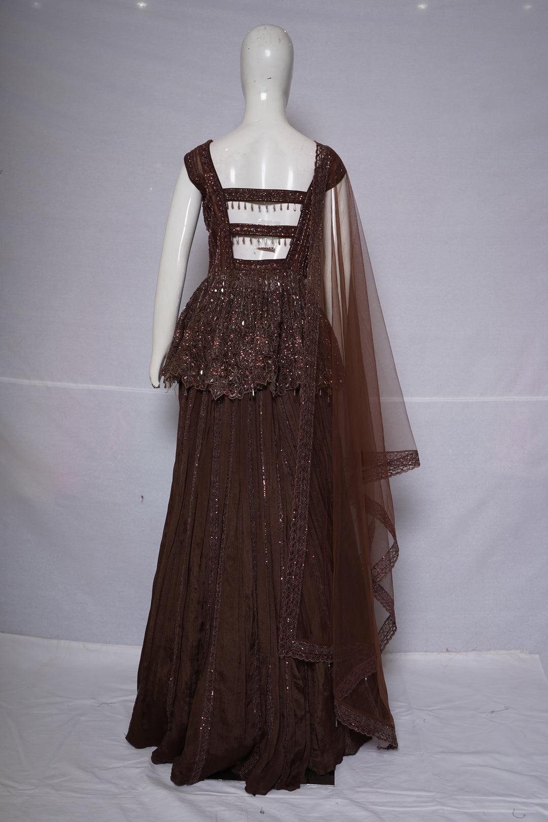 Chocolate Brown Embellished Peplum Lehenga Set with Sheer Dupatta