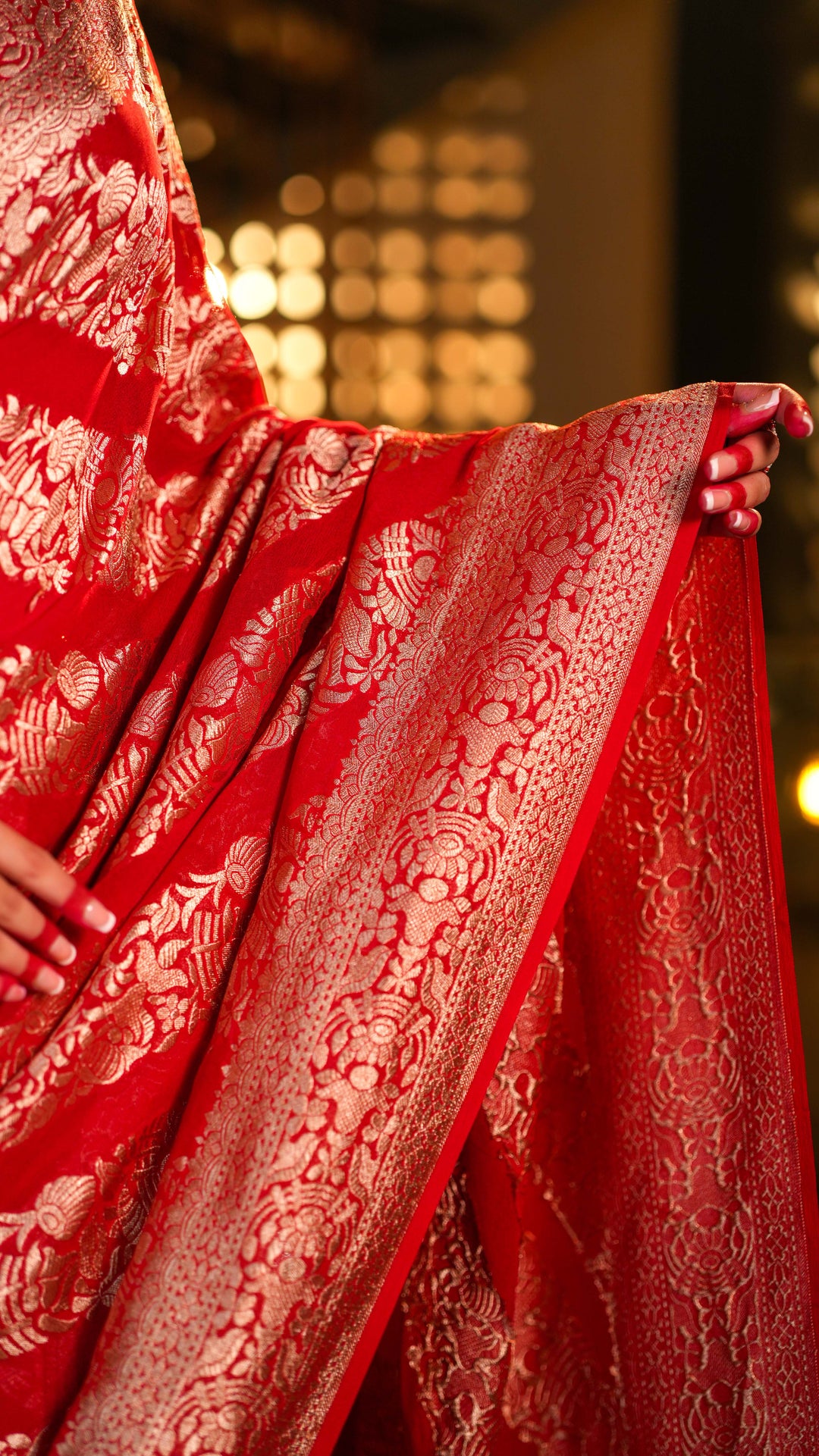 Regal Red Khaddi Georgette Banarasi Saree Silver Zari Weaving with Unstitched Blouse