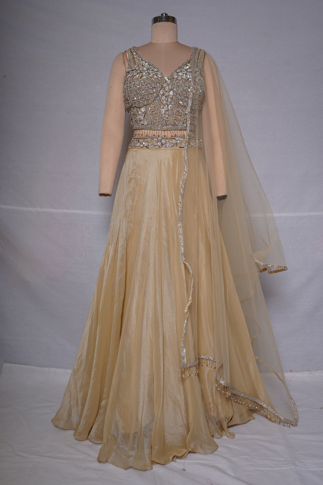 Champagne Gold Embellished Lehenga Set with Sheer Net Dupatta