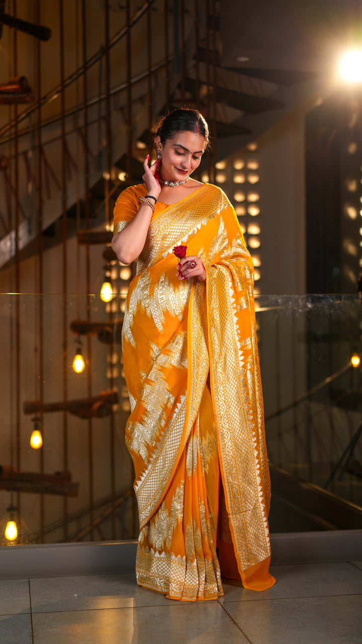 Mustard Yellow Khaddi Georgette Saree Silver Zari with Unstitched Blouse