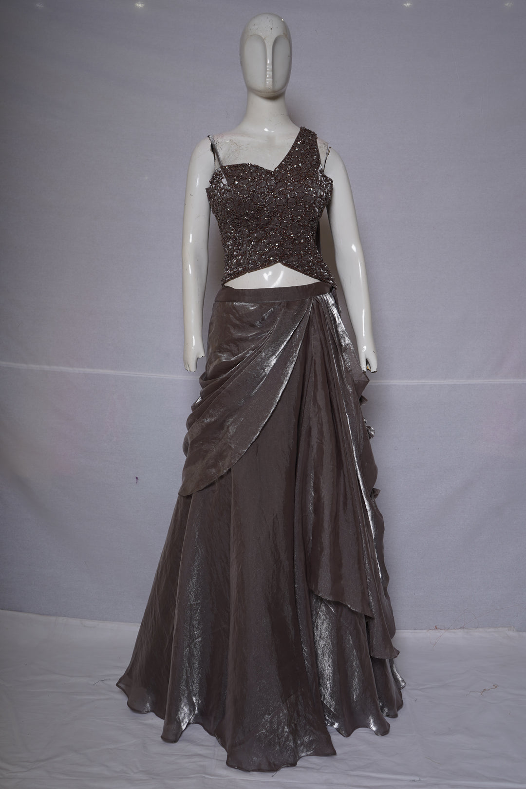 Metallic Taupe Embellished Drape Lehenga Set