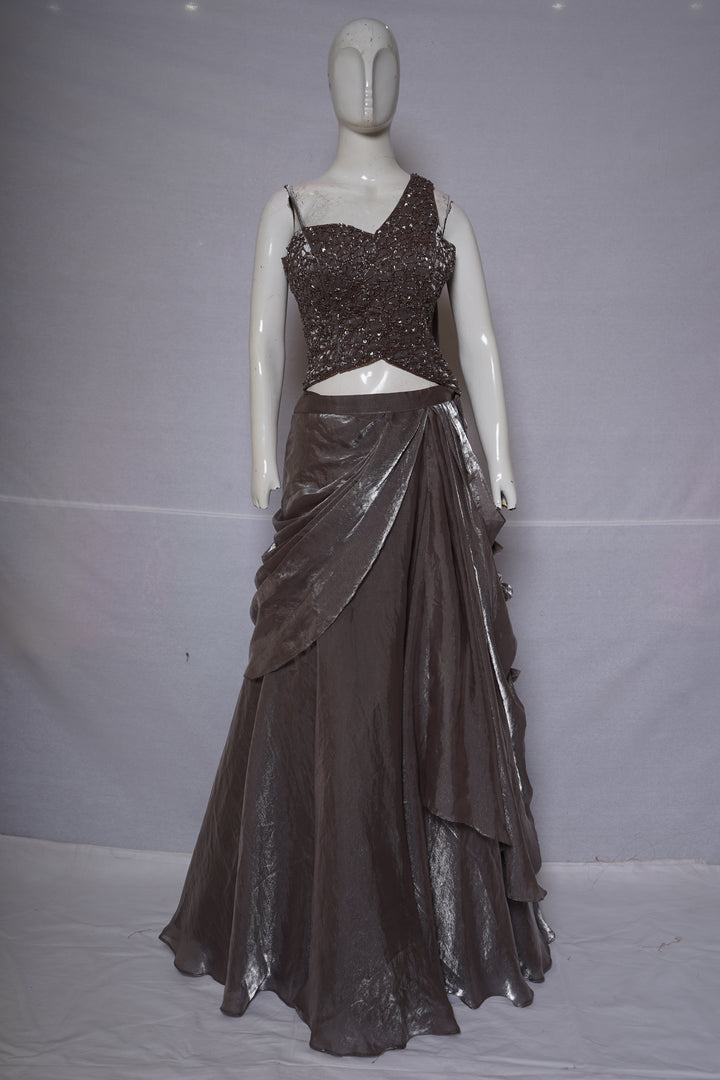 Metallic Taupe Embellished Drape Lehenga Set