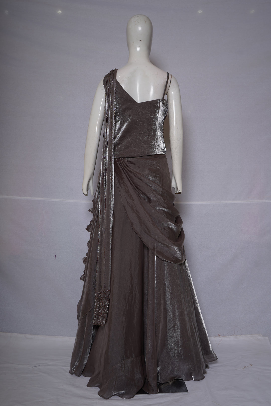 Metallic Taupe Embellished Drape Lehenga Set