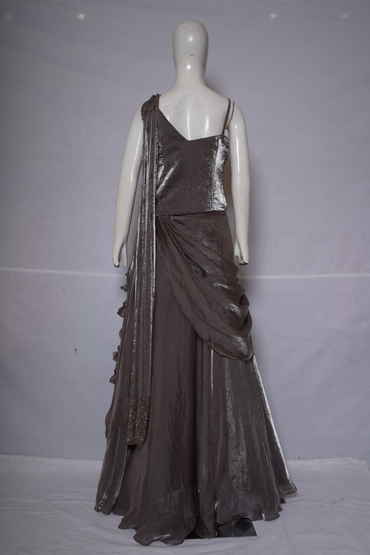 Metallic Taupe Embellished Drape Lehenga Set