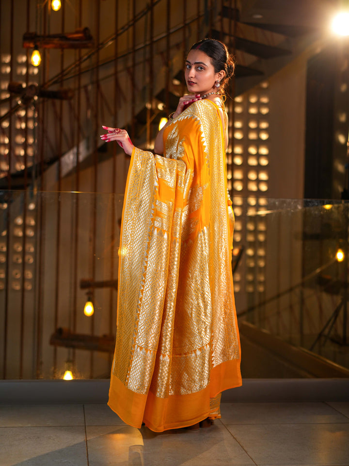 Mustard Yellow Khaddi Georgette Saree Silver Zari with Unstitched Blouse