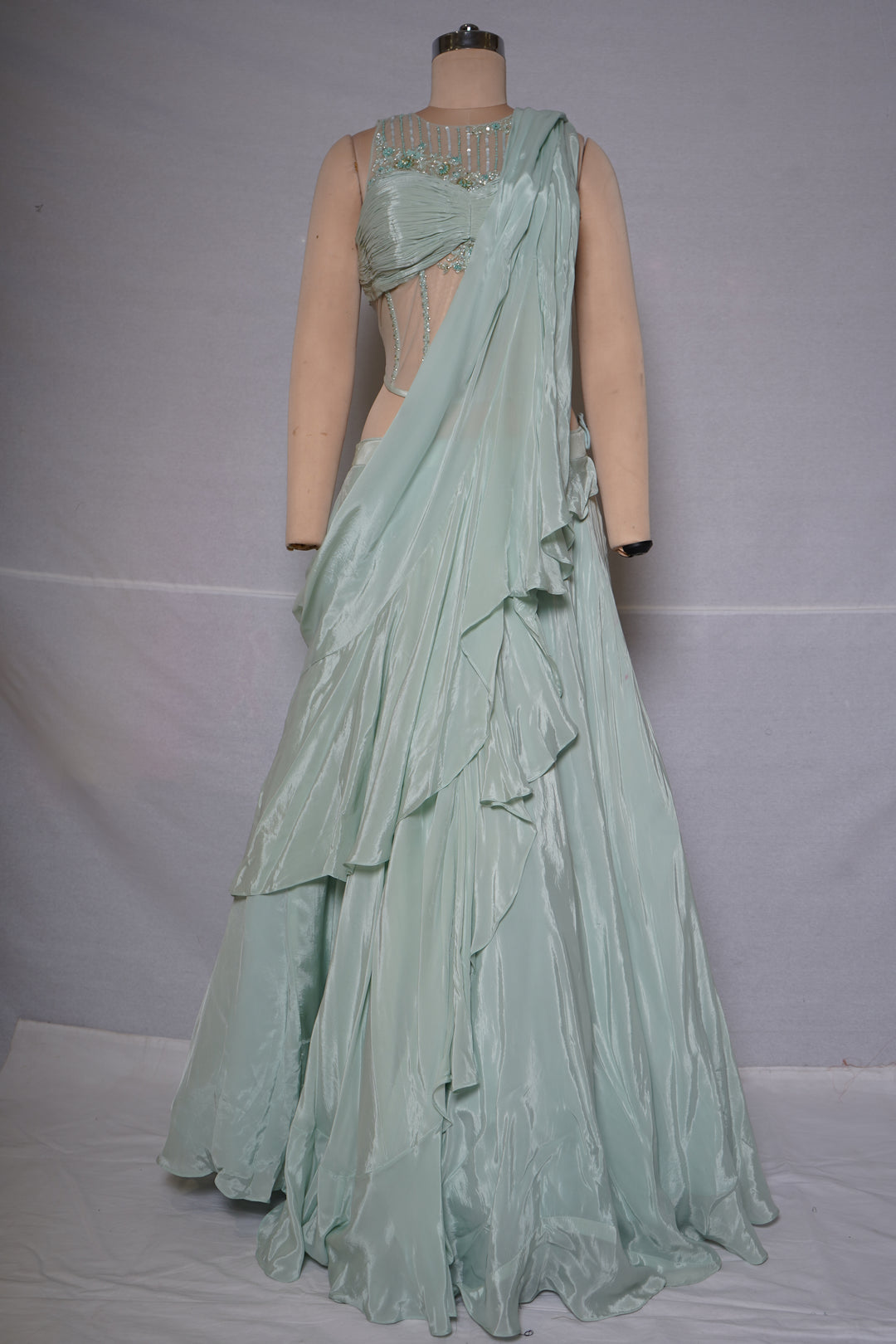 Mint Green Ready-to-Wear Saree with Ruffle Drape & Embellished Designer Blouse