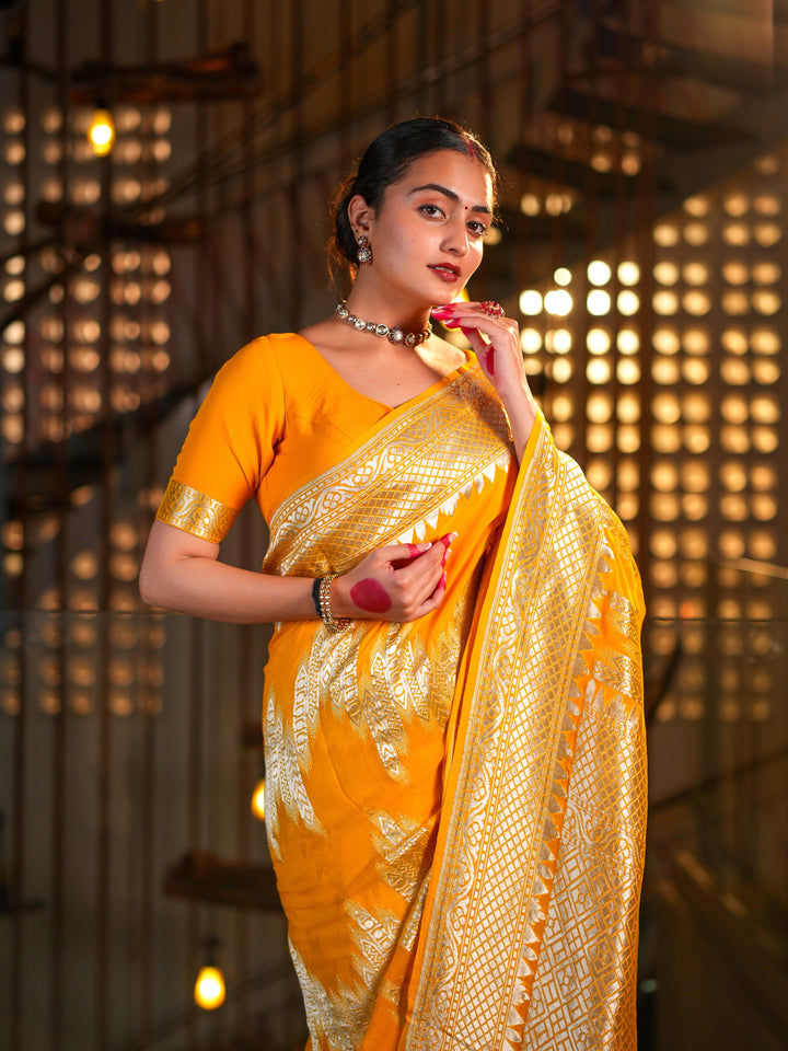 Mustard Yellow Khaddi Georgette Saree Silver Zari with Unstitched Blouse