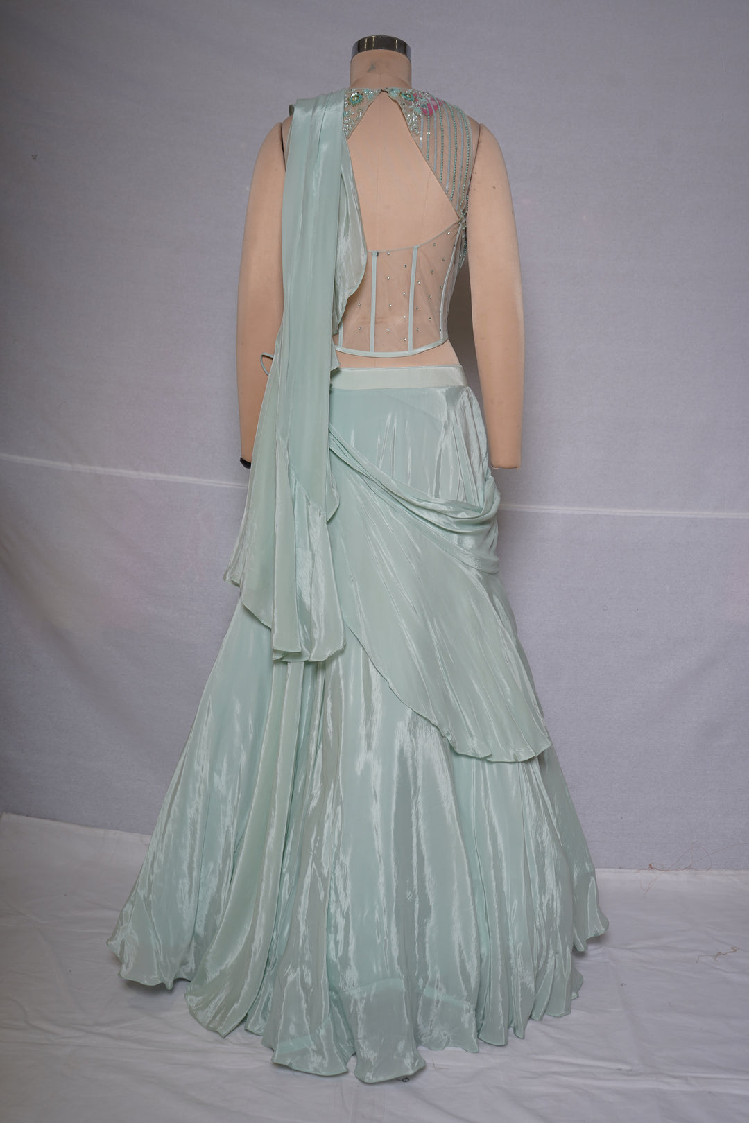Mint Green Ready-to-Wear Saree with Ruffle Drape & Embellished Designer Blouse