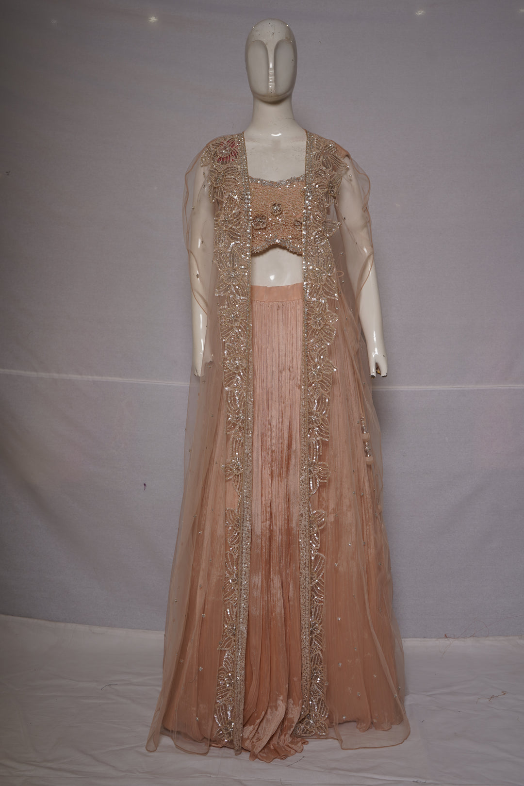Blush Pink Embroidered Pleated Lehenga Set with Net Dupatta