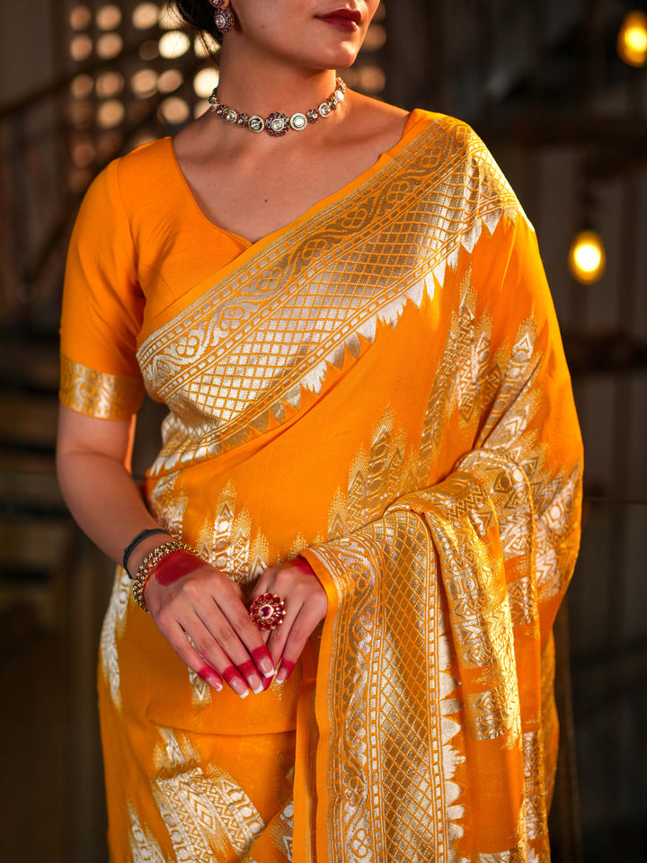 Mustard Yellow Khaddi Georgette Saree Silver Zari with Unstitched Blouse