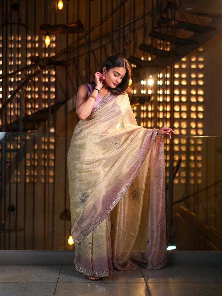 Pastel Beige & Lilac Tissue Silk Saree with Hand Embellished Mirror Work Blouse Included