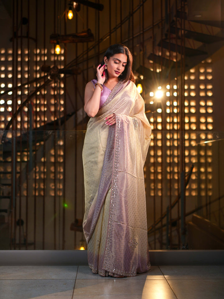 Pastel Beige & Lilac Tissue Silk Saree with Hand Embellished Mirror Work Blouse Included
